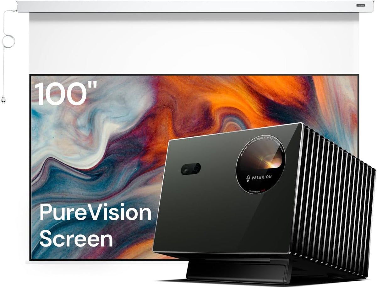 Anti-Speckle Home Theater Bundle: Valerion Pro2 4K Triple Laser Projector with 100" Motorized PureVision Screen MegaBDM