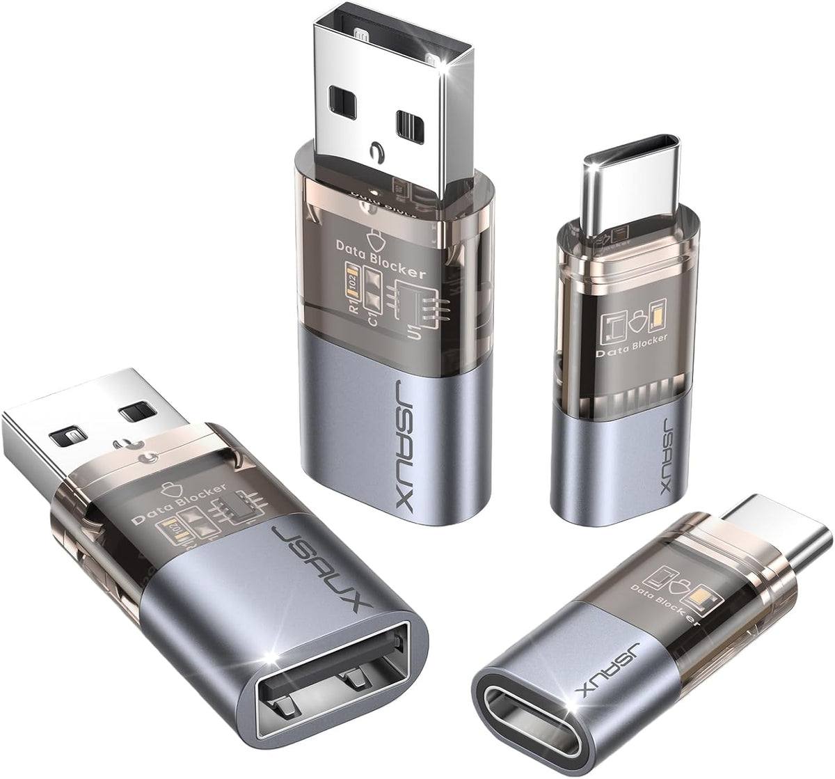 JSAUX USB Data Blocker & USB C Data Blocker (4-Pack), Transparent Type A & Type C Data Blocker Only for Charge, Protect Against Juice Jacking, Refuse Hacking Provide Safe Charging MegaBDM