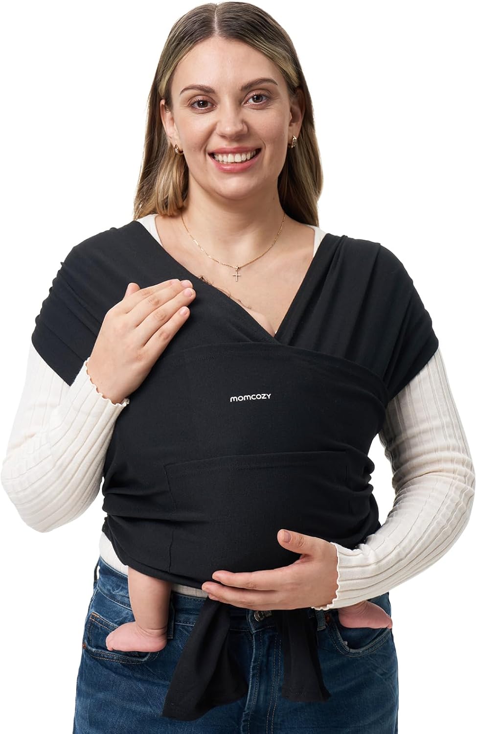 Momcozy Baby Wrap Carrier, Easy to Wear Infant Carrier Slings, Lightweight Hands Free Baby Sling, Adjustable Baby Carriers for Newborn to Toddler 3.6-15kg, Black MegaBDM