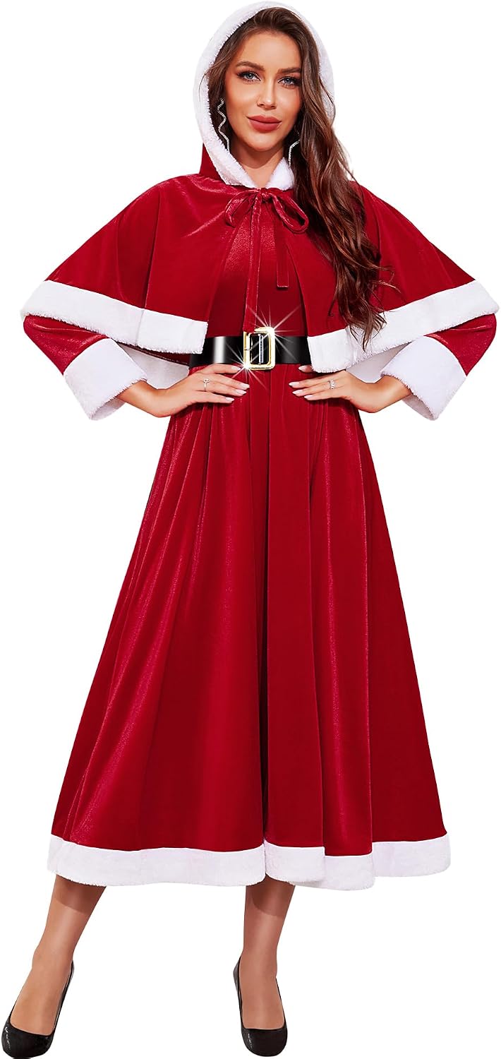 RSLOVE Mrs Claus Costume for Women - Christmas Fancy Dress Santa Babydoll Outfits with Hooded Cape Hat MegaBDM