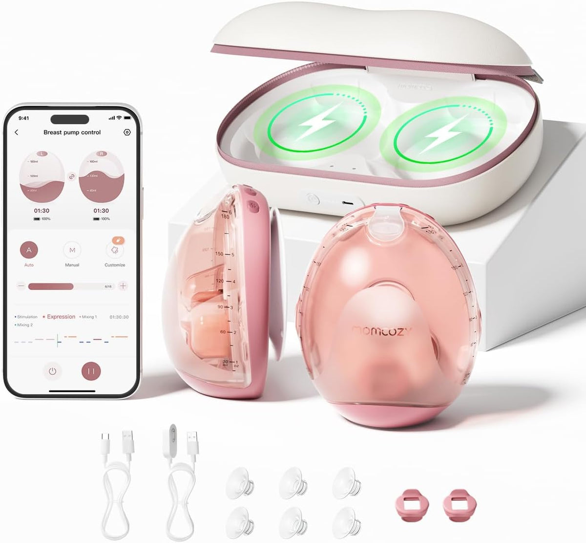Momcozy Air 1 Ultra-Slim Breast Pump, Hands-Free Wearable Pump with Wireless Charging Case & App Control with Auto Mode & Full-Milk Alert, Industry-First Transparent Top for Easy Nipple Alignment MegaBDM
