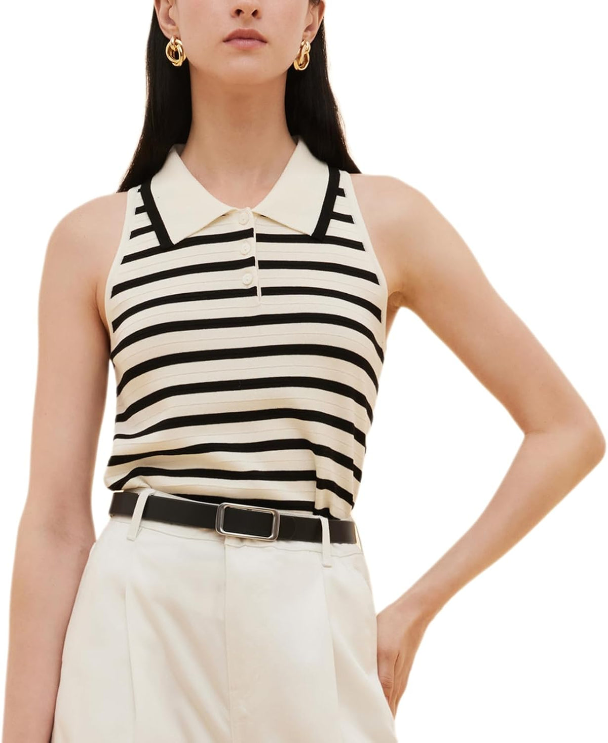 GOELIA Tank Top for Women Striped Polo Collared Knitted Sweater Sleeveless Going Out Tops for Women Trendy Beach Vacation MegaBDM