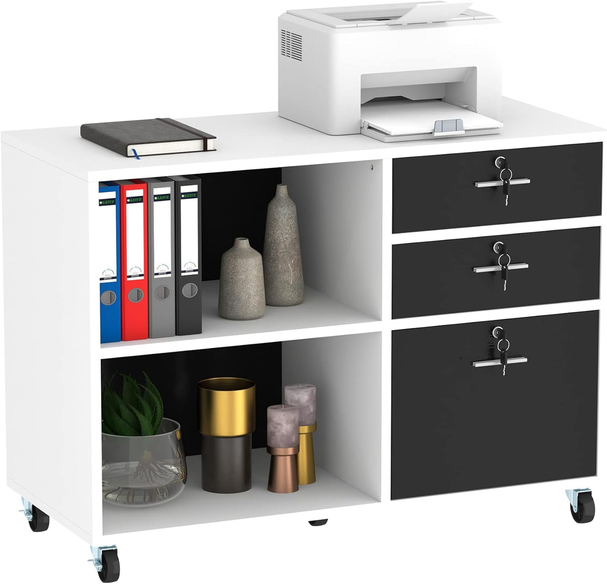 YITAHOME Mobile Filing Cabinet with 3 Lockable Drawers, Wood Lateral File Cabinet for Home Office, Storage Cabinet for Letter Size Documents, Printer Stand Table with Open Compartments, White + Black MegaBDM