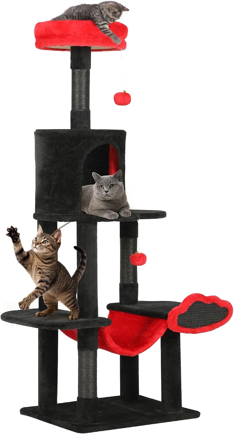 YITAHOME Cat Activity Centre, Cats Climbing Tree with Hammock, Scratching Posts, Two Dangling Balls, and Plush Hideaway, Cat Tower for Apartment, Red & Black MegaBDM