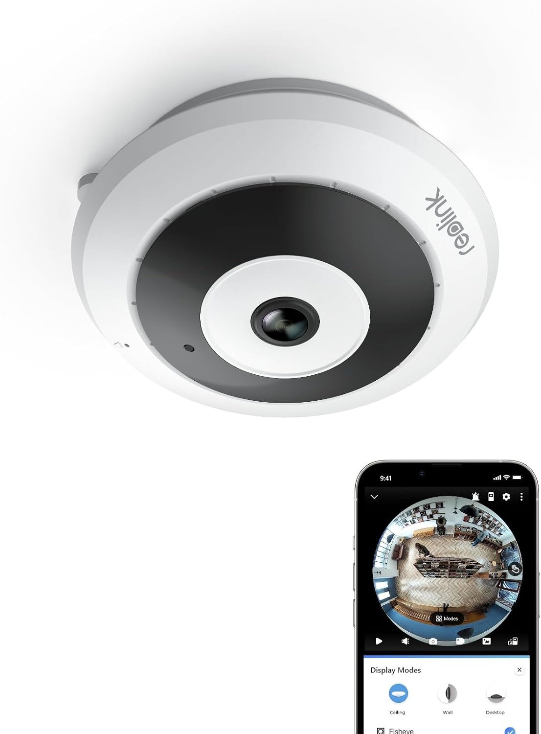 Reolink Fisheye Camera Wi-Fi 2K+, Security Camera Indoor 6MP 360° Panorama, 2.4 / 5GHz WiFi, Smart Human Detection, 2-Way Talk, Multiple Display Views, Local Storage, IR Night Vision, FE-W White MegaBDM