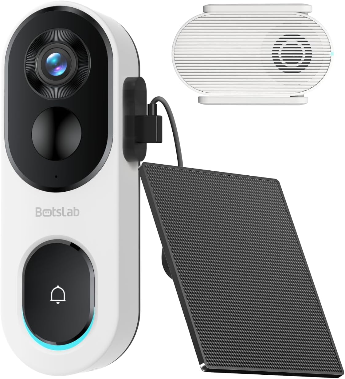 BOTSLAB Solar Powered Doorbell Camera Wireless, Video Doorbell Wireless No Monthly Fee, IP66 Door Bell for Home Security, 2K Head-to-Toe View, Local Storage, Angle Mount, 2.4Ghz WiFi, 5200mAh Battery MegaBDM