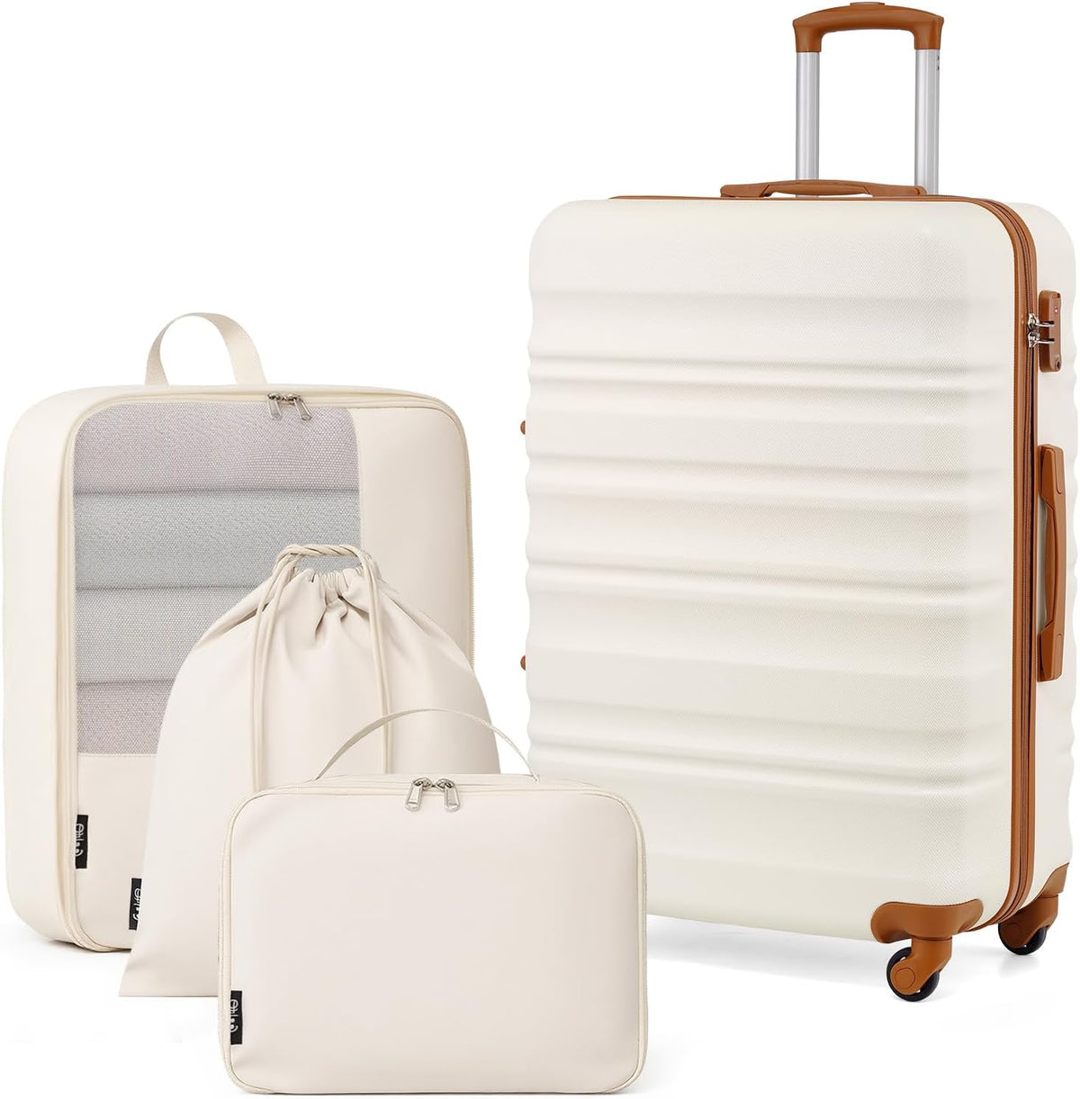 COOLIFE Suitcase Set, 28 inch Luggage Sets with 1 Shoe Bag + 1 Toiletry Bag + 1 Travel Organizer, ABS+PC Large Suitcase with Wheels & TSA Lock (Apricot White, 4-Piece Set) MegaBDM