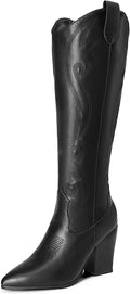 DREAM PAIRS Womens Cowboy Boots, Cowgirl Western Pull On Zipper Chunky Heel Pointed Toe Embroidered Knee High Boots MegaBDM