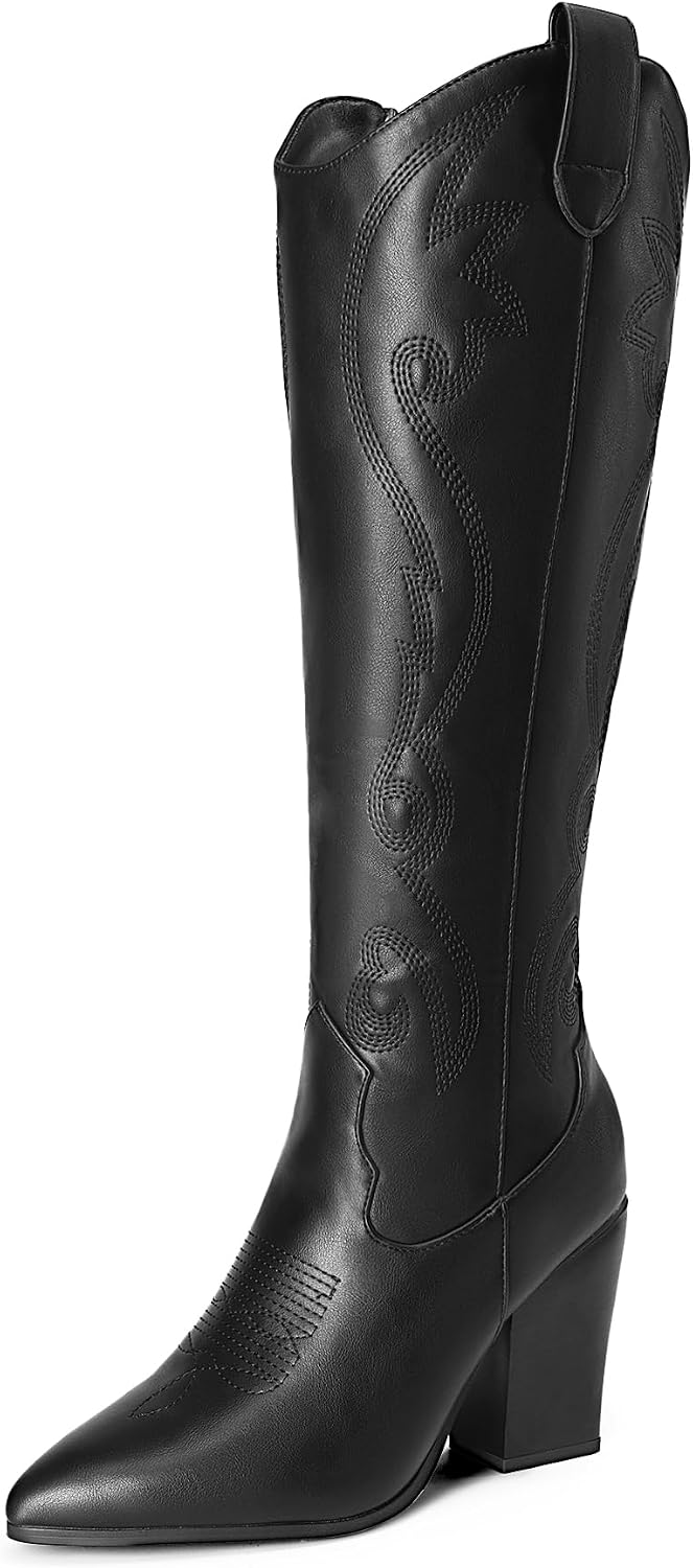DREAM PAIRS Womens Cowboy Boots, Cowgirl Western Pull On Zipper Chunky Heel Pointed Toe Embroidered Knee High Boots MegaBDM