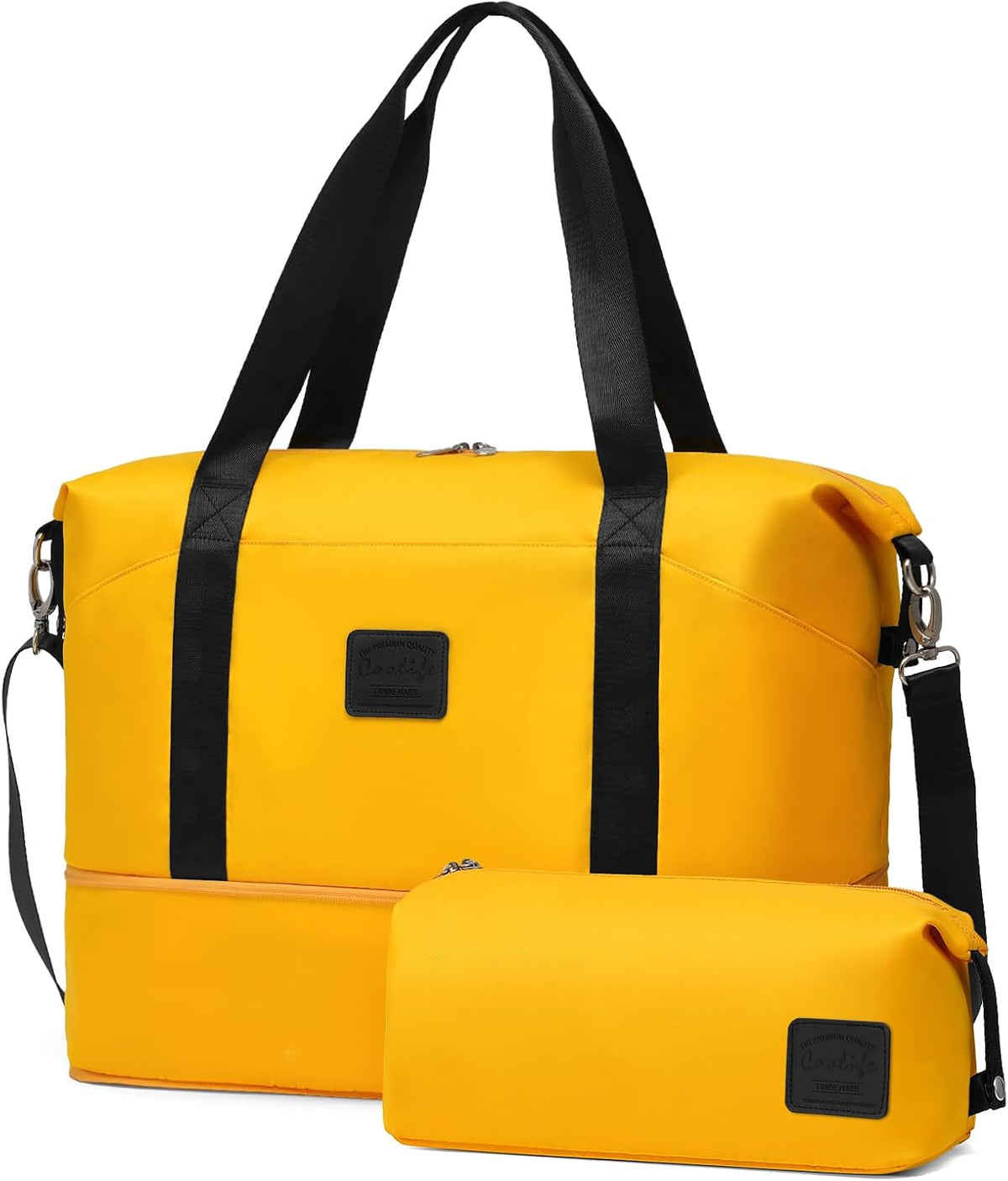 COOLIFE Travel Duffel Bag, Weekend Bags for Women with Trolley Sleeve and Toiletry Bag, Ryanair Cabin Bags 40x30x20 cm (Yellow/Black, 2 Piece Set) MegaBDM