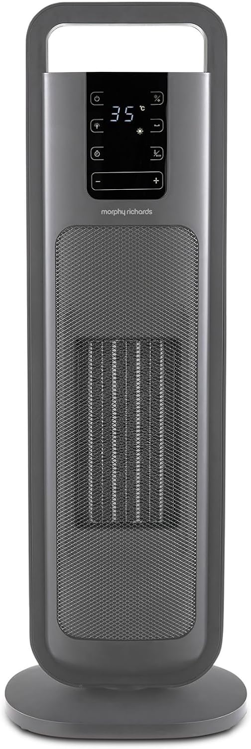 Morphy Richards HeatFlux Ultra Thin 2000W PTC Ceramic Tower Fan Heater, Remote Control, Oscillation, Compact, 20m2, ECO Mode, Anti-freeze, 24h Timer, Touch LED Display, Low Noise, Grey, 825404 MegaBDM