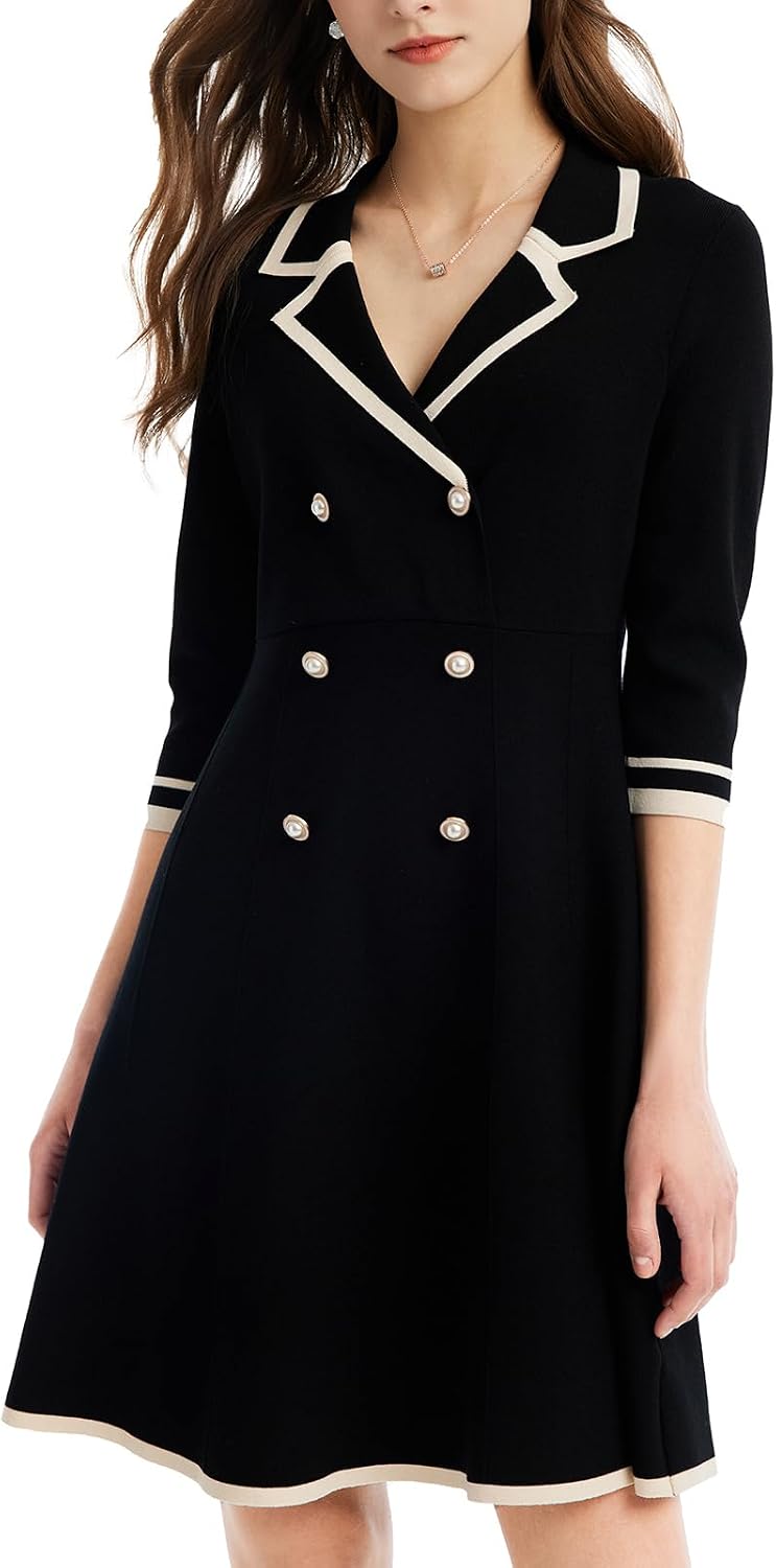 GOELIA Jumper Dress for Women, Button up 3/4 Sleeve Knit Mini Jumpers Dresses Sweater 50s Dress for Teacher Work Business MegaBDM