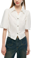 GOLEIA Women's Summer Cotton Puff Sleeve Button-Down Shirt, Classic Collar V-Neck White Blouses Casual Work Shirts Outfits MegaBDM
