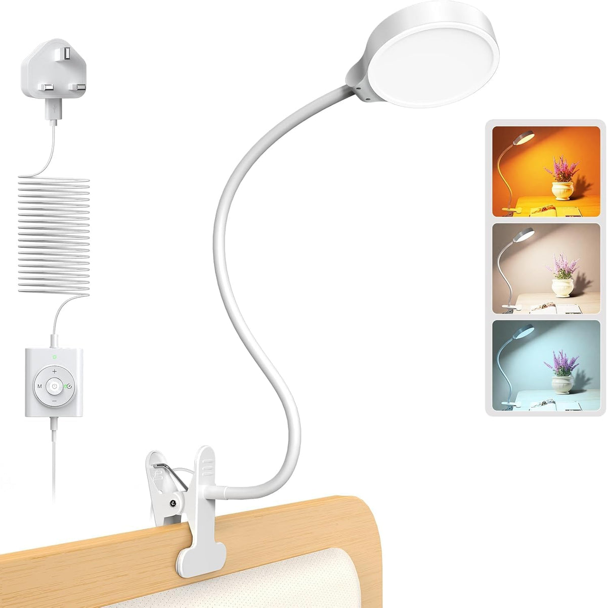 Glocusent 36 LEDs Clip on Light, 3 Colors & 5 Brightness, with UK Adapter | 5W Bedside Light, Eye Caring Reading Light for Bed, Flexible Gooseneck, CRI 90, Perfect for Bedside Reading/Studying/Working MegaBDM
