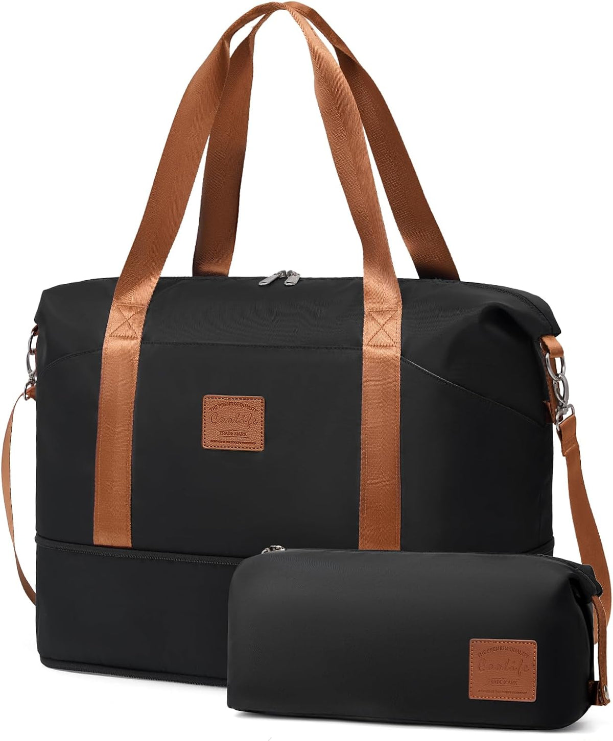 COOLIFE Travel Duffel Bag, Weekend Bags for Women with Trolley Sleeve and Toiletry Bag, Ryanair Cabin Bags 40x30x20 cm (Black, 2 Piece Set) MegaBDM
