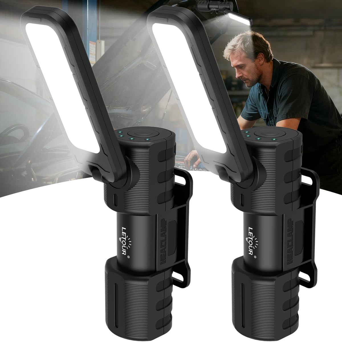 Inspection Lamp 2000 Lumen 2 Pack Rechargeable LED Work Light with Magnetic and Foldable 180° Rotating Stand and Magnetic Torch for Maintenance Work Night Walking Camping Emergency MegaBDM