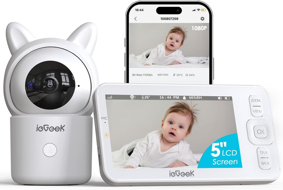 ieGeek 5" Screen 1080P Smart Baby Monitor with Camera, Night Vision, Two-Way Audio, Motion & Sound Detection, Temperature Humidity Sensor, 360° PTZ, Remote App Control, Long Range for Baby Nursery MegaBDM