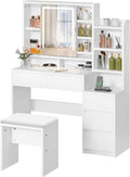 YITAHOME Dressing Table With Mirror and Stool, Vanity Makeup Desk White Bedroom Dressing Tables with LED Lights 5 Drawers, Power Outlet Adjustable Brightness, Modern Makeup Table MegaBDM