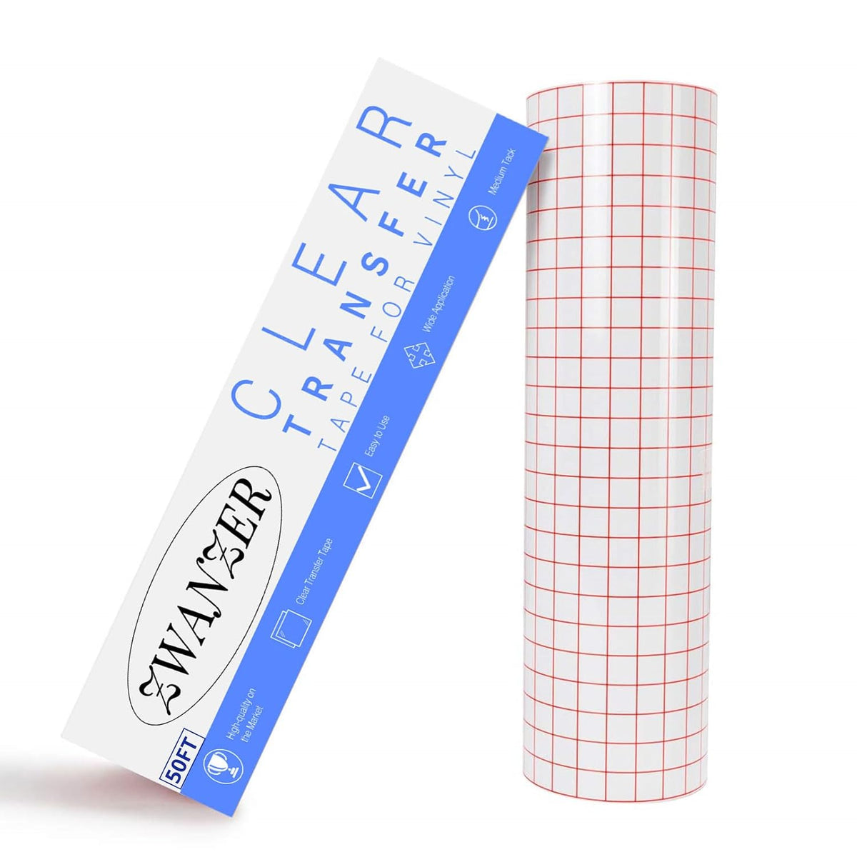 50FT Transfer Tape for Vinyl - 12” x 50 FT(30.5x1524CM) w/Red Clear Alignment Grid for Adhesive Vinyls - Medium Tack Vinyl Transfer Tape for Decals,Signs MegaBDM