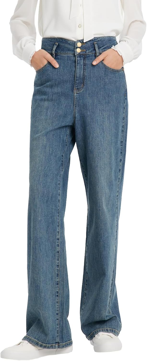 GOELIA Women's Blue High Waist Baggy Jeans - Straight Leg Full Length Denim Pants with Pockets MegaBDM