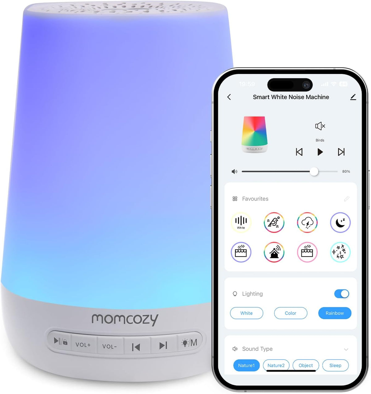 Baby Sound Machine, Momcozy White Noise Machine for Baby Sleeping with Night Light, Toddler Sleep Trainer with 34 Soothing Sounds, Timer, App Remote Control, Personal Sleep Routine(White) MegaBDM