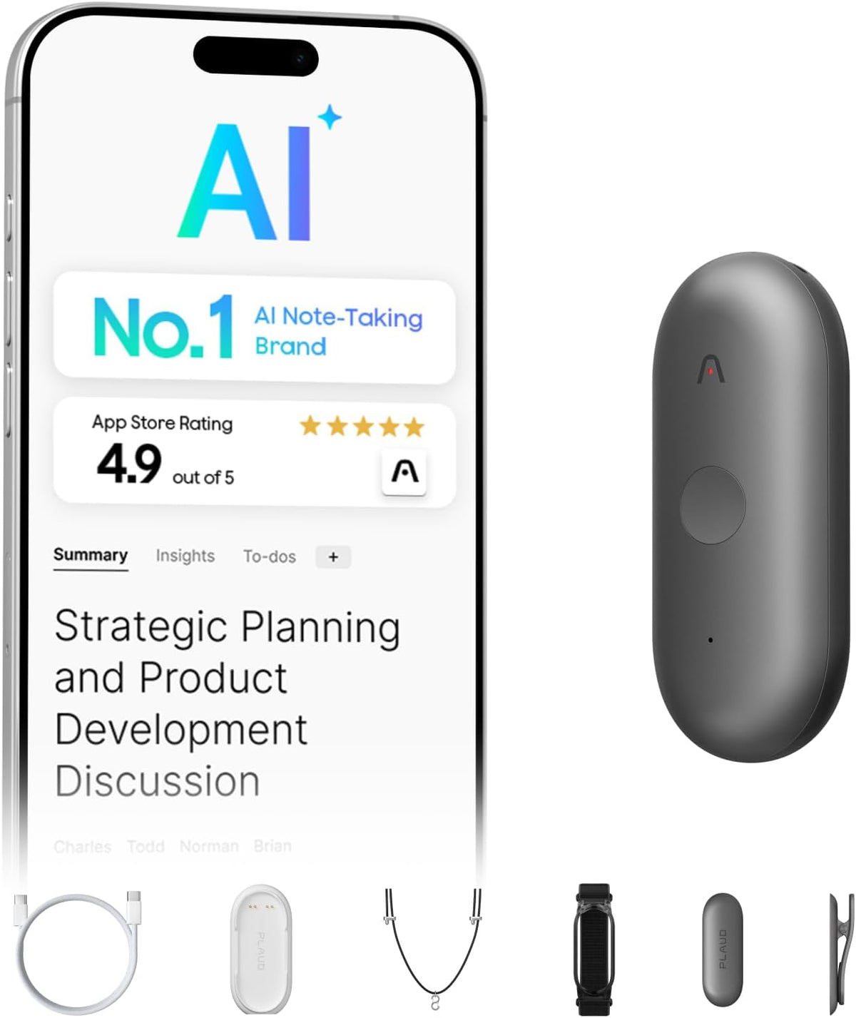 Plaud NotePin S AI Voice Recorder Tactile Record Button AI Transcription Summarization Digital Audio AI Note Taker for On the Go Meetings Interviews with 4 Accessories MegaBDM