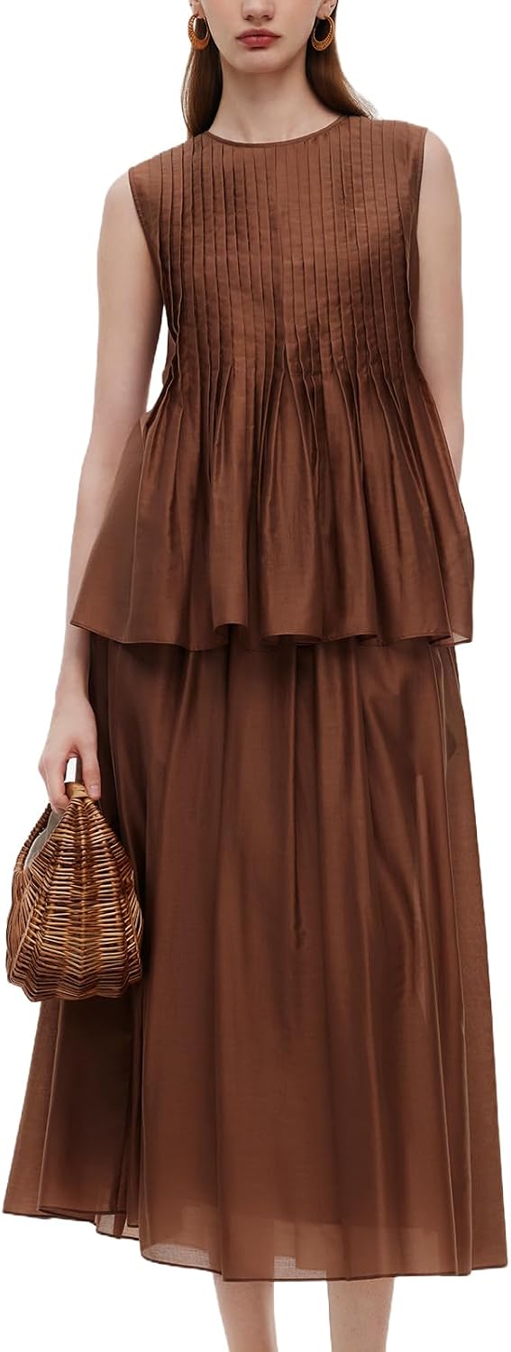 GOELIA Two Piece Skirt Set Women Summer Sets Outfits Tencel Blend Pleated Flowy Skirt and Tank Top Set for Women MegaBDM