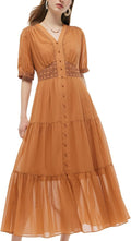 GOELIA Womens Summer A-line Dresses Short Sleeve V-Neck Cotton Patchwork Lace Embroidered Maxi Dres MegaBDM