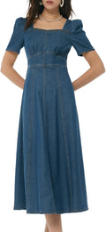 GOELIA Summer Dresses for Women Denim Stretch Square Neck Midi Dress for Women Wedding Guest Casual Formal Beach Vacation MegaBDM
