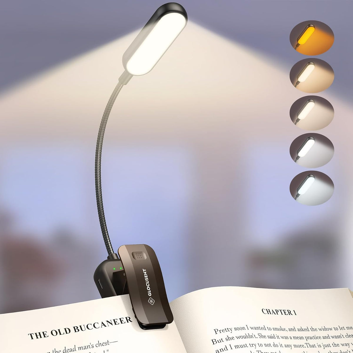 Glocusent 20 LEDs Book Light Clip on Book Reading Light Rechargeable USB-C | 5 Eye-Protecting Modes Clip on Book Light - Stepless Dimming, Long Battery Life, 4-Level Power, Flexible Book Lamp (Black) MegaBDM