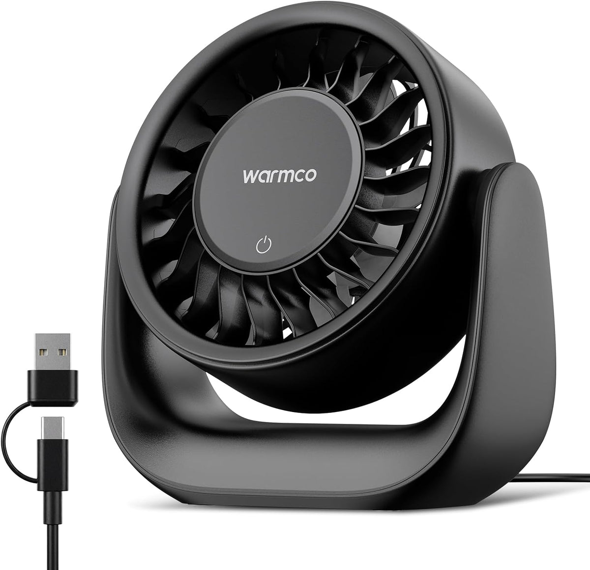 Warmco USB Desk Fan with Touch Control, (USB Powered Only, No Battery) Small Personal Desktop Fan, USB-A & USB-C Plug, 3 Speeds Strong Airflow, Quiet Table Fans for Home Office Dorm MegaBDM