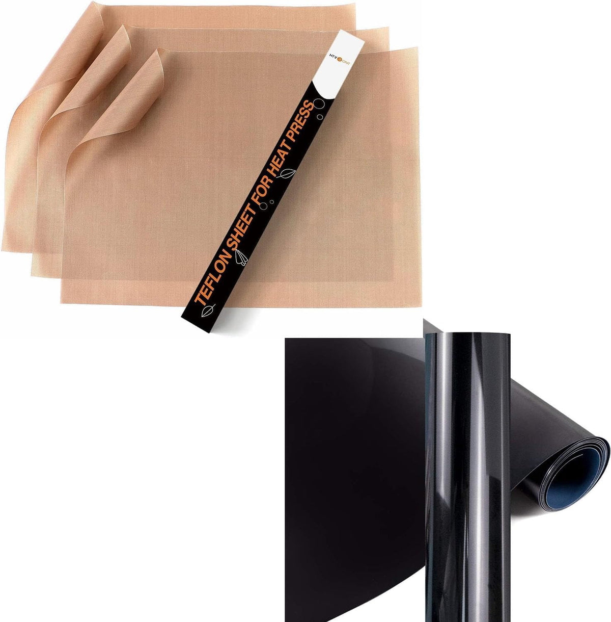 HTVRONT 3 Pack Reusable Teflon Sheets for Heat Press Transfers + YRYM HT Heat Transfer Vinyl - 12" x 5ft(30.5x152CM) Black Premium HTV Vinyl Roll for T-Shirts MegaBDM
