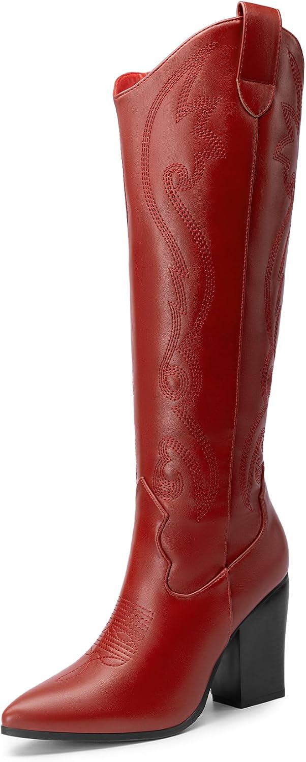 DREAM PAIRS Womens Cowboy Boots, Cowgirl Western Pull On Zipper Chunky Heel Pointed Toe Embroidered Knee High Boots MegaBDM