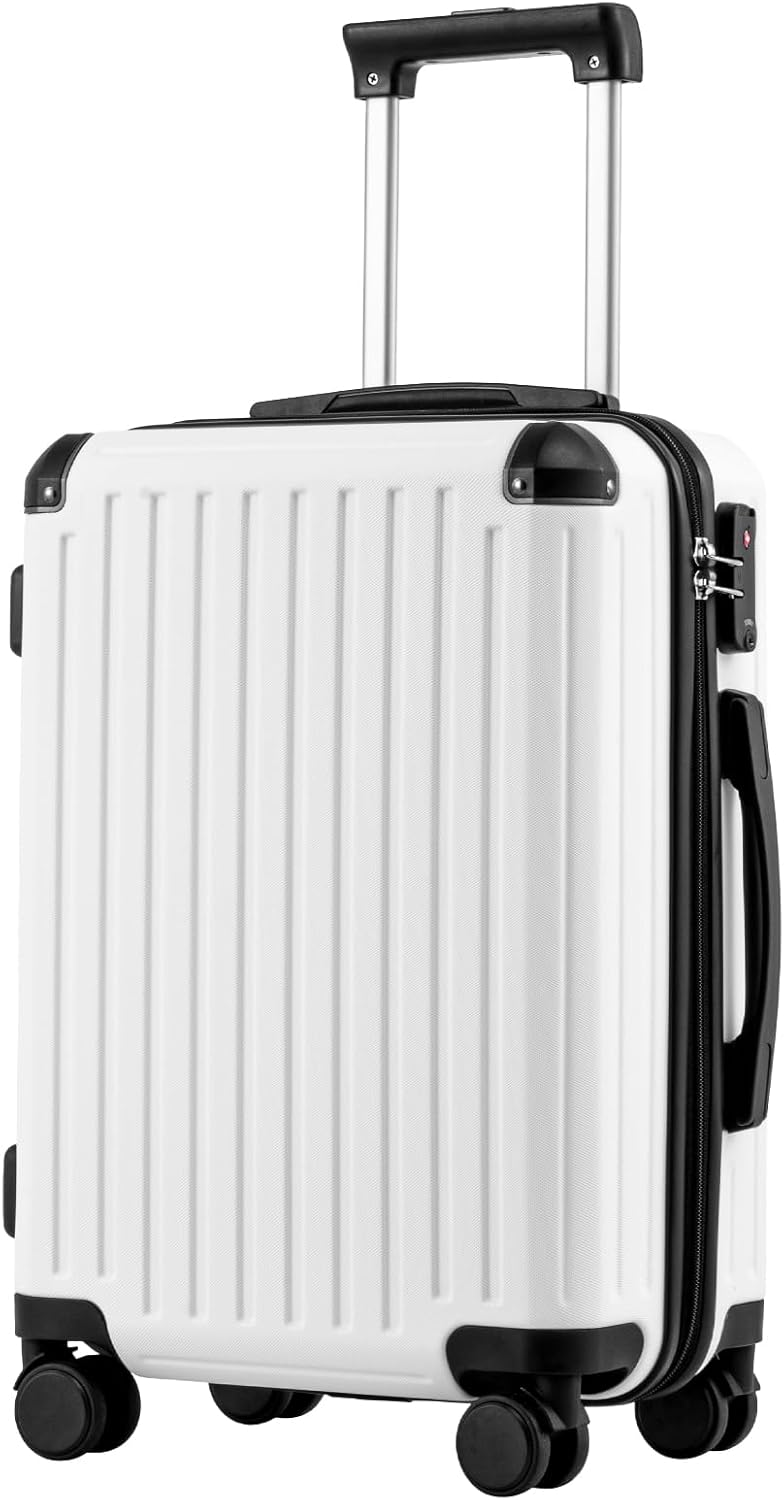 COOLIFE 20 Inch Carry On Suitcase – Hardshell Cabin Suitcase, Lightweight ABS+PC Luggage with 360° Silent Wheels & TSA Lock, Telescopic Handle for EasyJet, Travel & Business, White MegaBDM