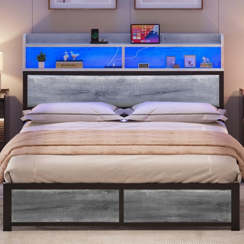 YITAHOME Bed Frame,LED with Headboard,USB Ports & Charging Outlets,Metal Platform Bed Frame with 2 Tiers Storage Shelves, No Box Spring Needed Super King Size MegaBDM