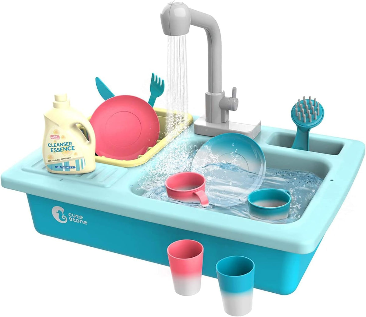 cute stone Kitchen Sink Toys, Heat Sensitive Electric Dishwasher Playing Toy with Warm Running Water, Automatic Water Cycle System Play House Pretend Role Play Toys for Girls Boys MegaBDM