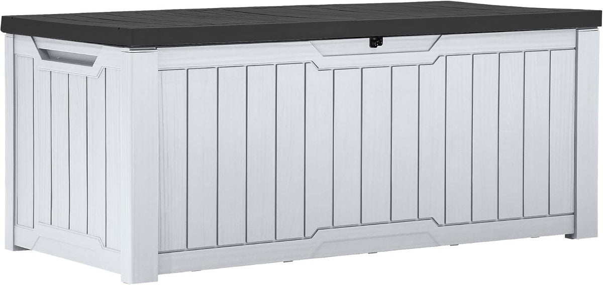 YITAHOME Outdoor Storage Box, 120 Gallon Waterproof Deck Box for Garden Tools, Patio Cushions, and Pool Accessories, Lockable, Easy Assembly, Versatile Bench or Table (Black + White) MegaBDM
