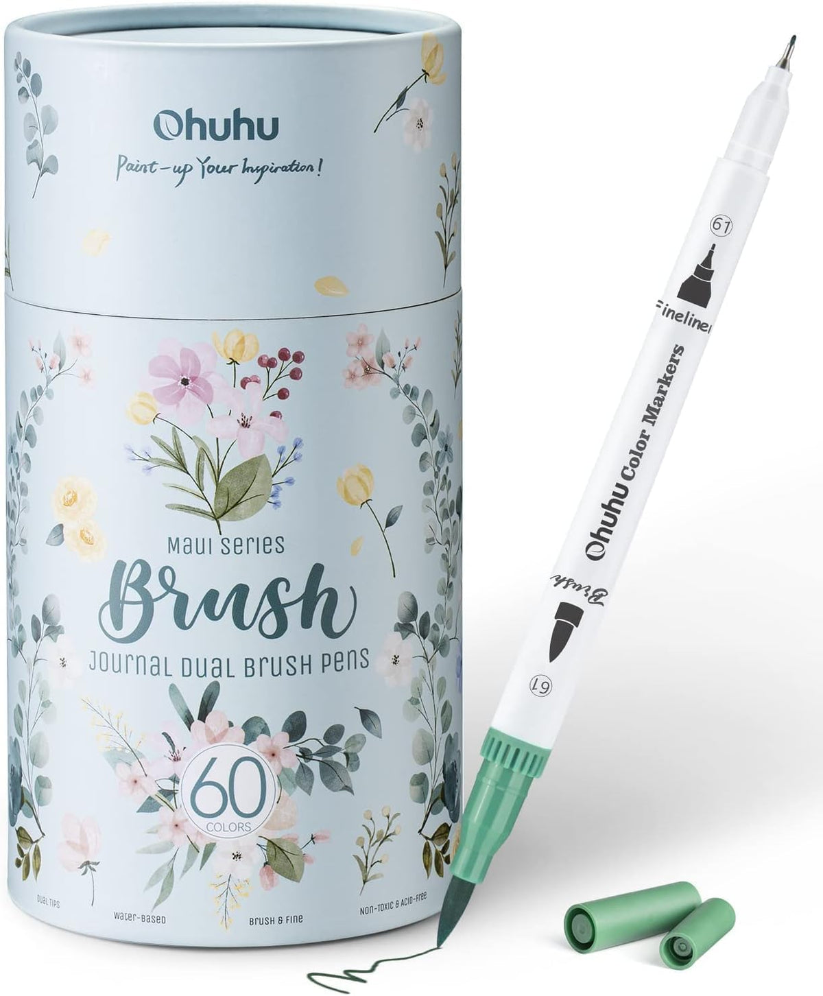 Ohuhu Colouring Pens, 60 Dual Tip Brush Pens Water-Based Art Markers with Fineliner for Adults Colouring Book Drawing Calligraphy Sketching Journal, Art Gift, Maui Series - White MegaBDM