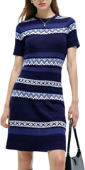 GOELIA Women's Summer Bodycon Knit Mini Dress Textured Multicolor Jacquard Striped Short Sleeve Crew Neck Casual Dresses MegaBDM
