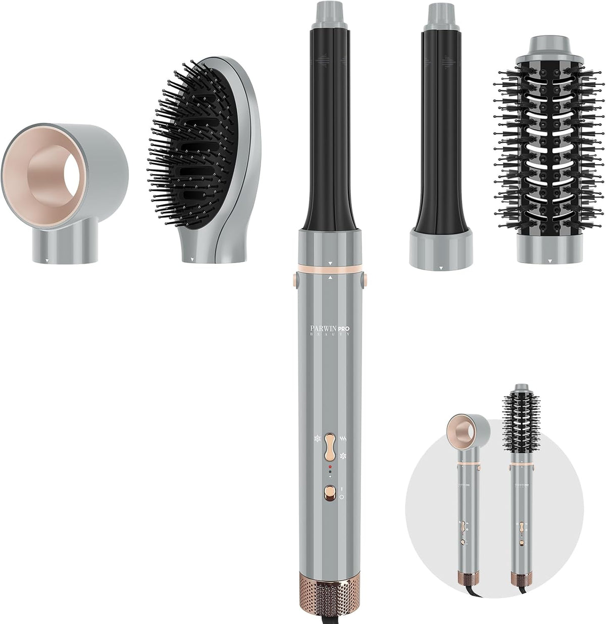 5 in 1 Hair Dryer Brush, PARWIN PRO BEAUTY Air Styler 110000 RPM High-Speed Ionic Hairdryer Fast Drying, Hair Styling, Volumizing, and Curling(Gray) MegaBDM