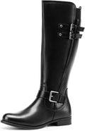 DREAM PAIRS Women's Knee High Riding Pirate Boots, Comfortable Low Chunky Heel Flat Motorcycle Combat Buckle Boots for Women MegaBDM
