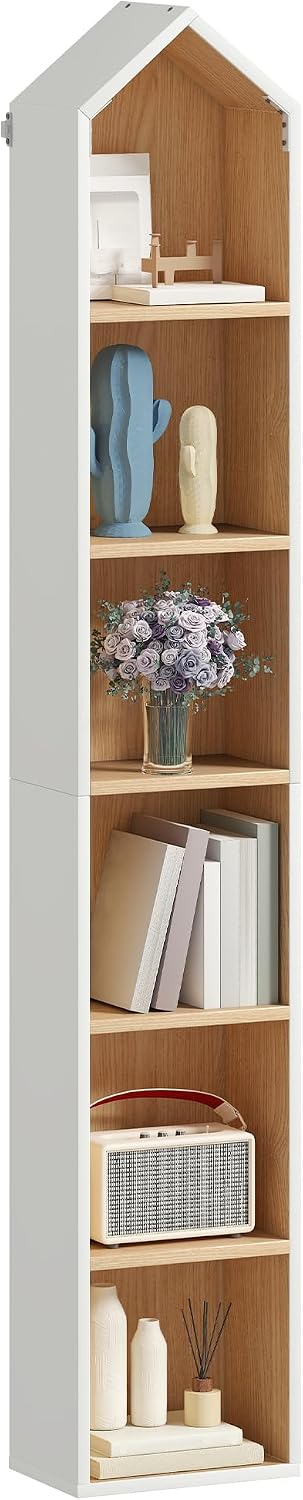 YITAHOME 6-Tier Bookshelf, Bookcase Unit White Frame & Natural Oak Interior, Space-Saving Design for Home & Office, White & Oak, 30W × 23.5D × 181H CM MegaBDM
