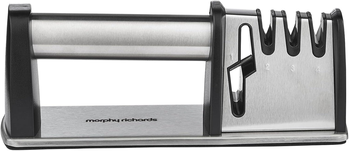 Morphy Richards 4-in-1 Knife Sharpener, Manual Kitchen Sharpener, Stainless Steel Body, Easy Grip Handle, Non-Slip Base, Blade Prep, Sharpening, Honing, Scissor Sharpening, Safe Easy to Use, 868751 MegaBDM