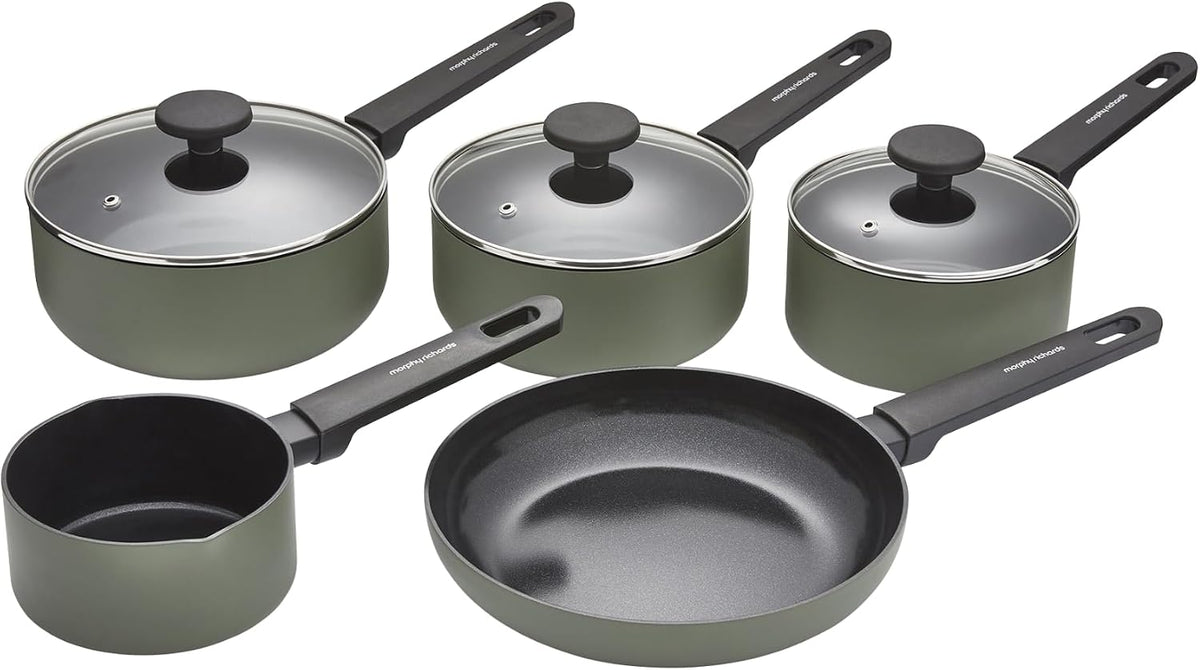 Morphy Richards 5-Piece Saucepan Set, Recycled Aluminium, 14cm Milk Pan, 23cm Frying Pan, 16cm, 18cm & 20cm Saucepan, Non Stick Coating, Soft Touch Handles, Suitable for All Hobs, Green MegaBDM