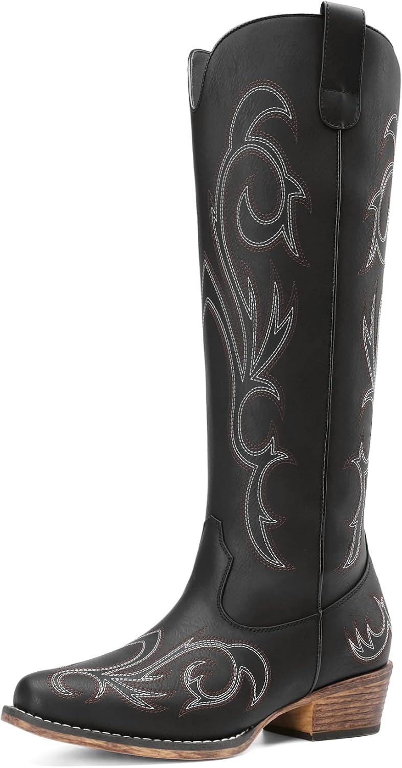 DREAM PAIRS Womens Cowboy Boots Comfortable Cowgirl Knee High Boots Pull On Side Zipper Chunky Heel Embroidered Western Boots MegaBDM