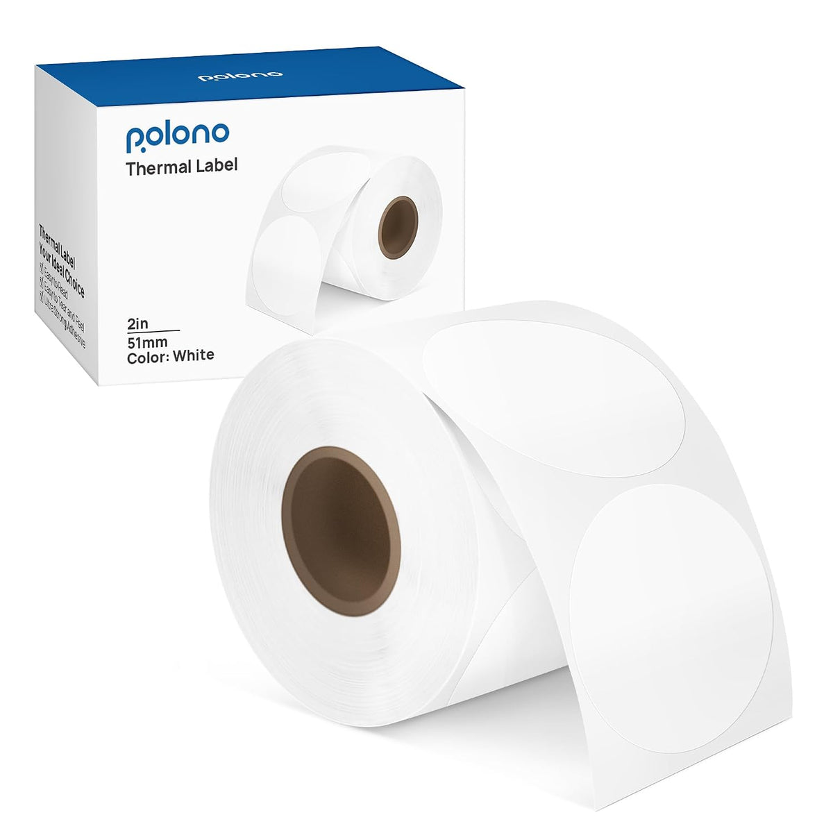 POLONO 2" White Circle Direct Thermal Labels, Self-Adhesive Thermal Stickers Labels, Thermal Printer Labels for Address, Shipping, DIY Design, QR Code, 750 Labels/Rollo（50mm） MegaBDM