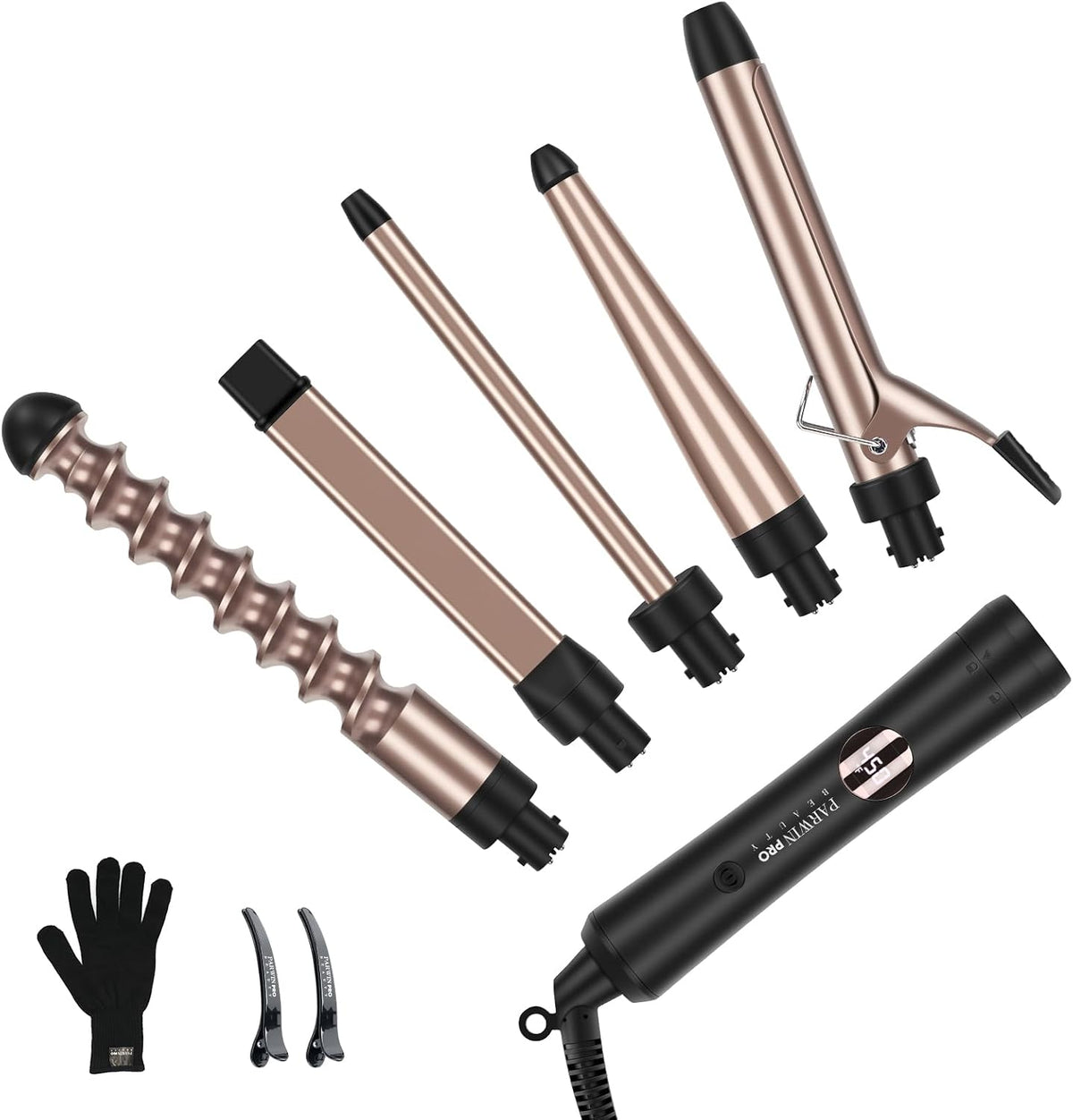 Curling Wands, 5-In-1 Professional Curling Iron Set With 1 Extra Long 9" Spiral Wand, PARWIN PRO BEAUTY Hair Wand Curler with LED Display, Up to 450°F, With Heat Protective Glove & 2 Clips, Gold MegaBDM