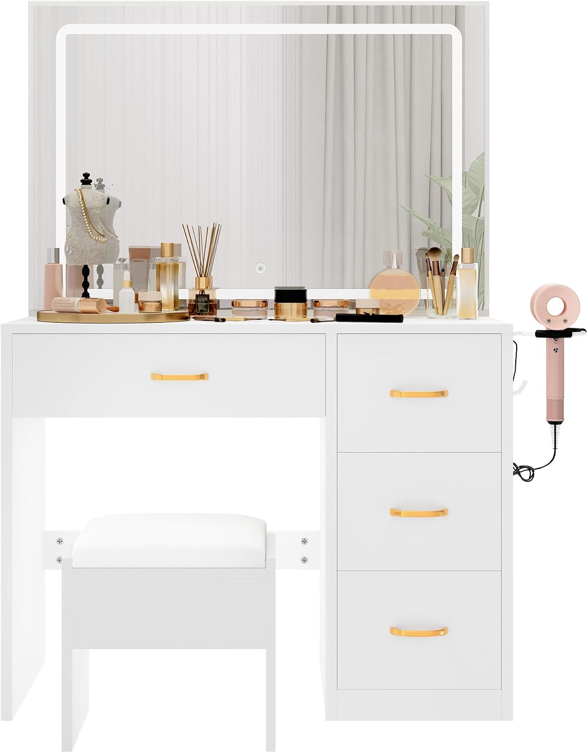 YITAHOME Dressing Table & stool set,Vanity Desk w/ 3-Color Lighting Modes LED Lights Mirror,Lights Brightness Adjustable,Vanity Table with 4 Drawers,Power Outlet,Milky-White Makeup Desk for Bedroom MegaBDM