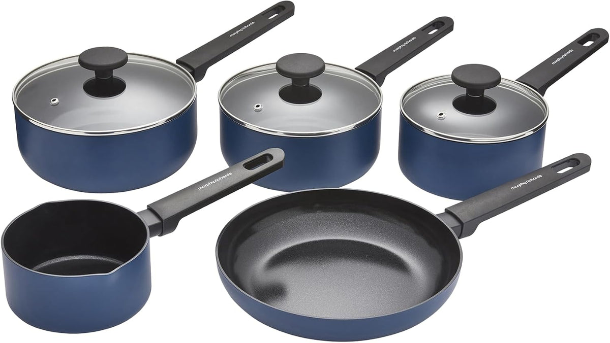 Morphy Richards 5-Piece Saucepan Set, Recycled Aluminium, 14cm Milk Pan, 23cm Frying Pan, 16cm, 18cm & 20cm Saucepan, Non Stick Coating, Soft Touch Handles, Suitable for All Hobs, Blue MegaBDM