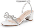 DREAM PAIRS Women's Double Bowknots Crystal Sandals Low Chunky Heels Clear Slingback Dress Shoes for Wedding Bridal Party MegaBDM